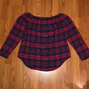 Navy blue and red plaid off shoulder blouse